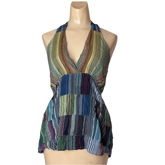 Blue Sky Halter Top Sz S V-Neck surplice Open Back Sleeveless colorful patchwork - Picture 1 of 15